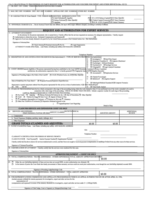 Fillable Form Cja 31 - Death Penalty Proceedings: Ex Parte Request For Authorization And Voucher For Expert And Other Services Printable pdf