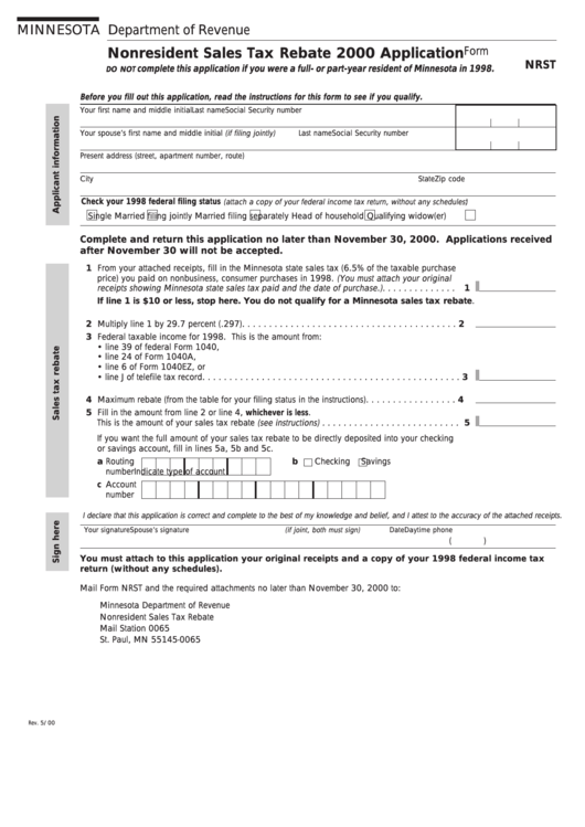 Form Nrst - Nonresident Sales Tax Rebate 2000 Application Printable pdf