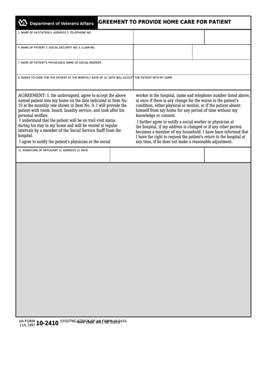 Fillable Va Form 10-2410 - Agreement To Provide Home Care For Patient Printable pdf