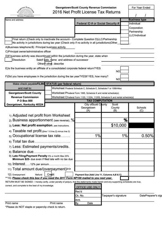 Form Net Profit License Tax Returns -2016 Printable pdf
