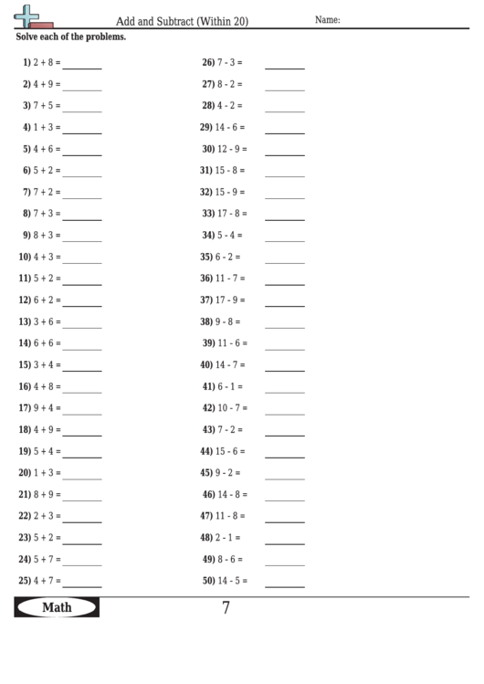 Add And Subtract (Within 20) Worksheet Template With Answer Key Printable pdf