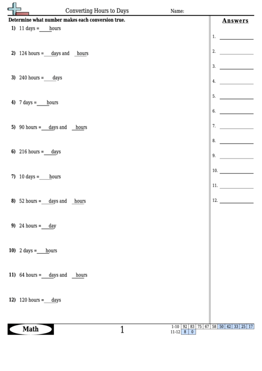 Converting Hours To Days Worksheet Template With Answer Key Printable pdf