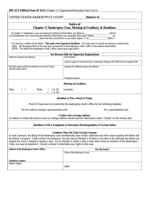Form B9f Alt - Notice Of Chapter 11 Bankruptcy Case, Meeting Of Creditors, & Deadlines Printable pdf