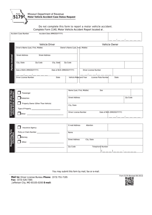 Fillable Form 5179 - Motor Vehicle Accident Case Status Request Printable pdf