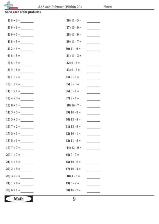 Add And Subtract (Within 20) Worksheet Template With Answer Key Printable pdf