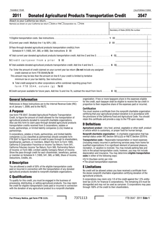 Fillable California Form 3547 - Donated Agricultural Products Transportation Credit - 2011 Printable pdf