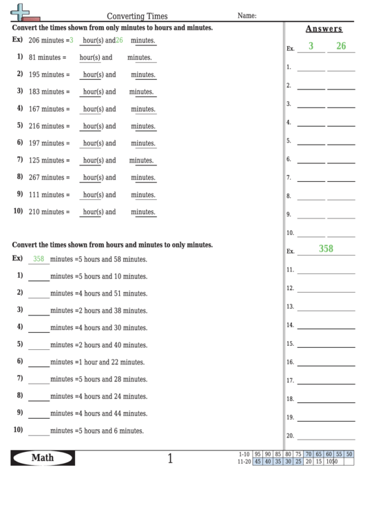 Converting Times Worksheet Template With Answer Key Printable pdf