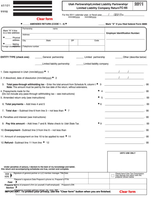 Fillable Form Tc-65 - Utah Partnership/limited Liability Partnership/limited Liability Company Return - 2011 Printable pdf