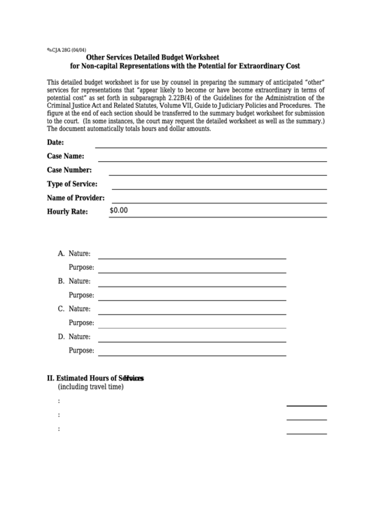 Fillable Form Cja - Other Services Detailed Budget Worksheet For Non-Capital Representations With The Potential For Extraordinary Cost Printable pdf
