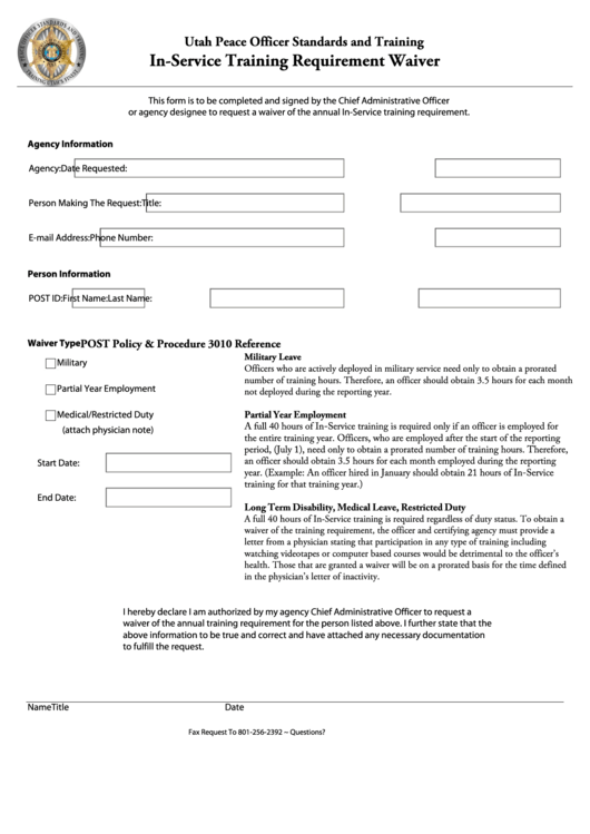 Fillable In-Service Training Requirement Waiver Form Printable pdf