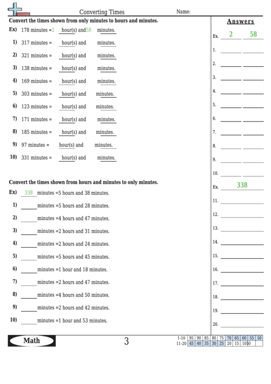 Converting Times Worksheet Template With Answer Key