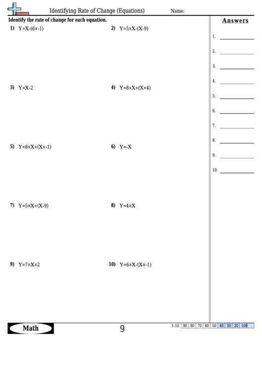 Identifying Rate Of Change (Equations) Worksheet Template With Answer Key Printable pdf