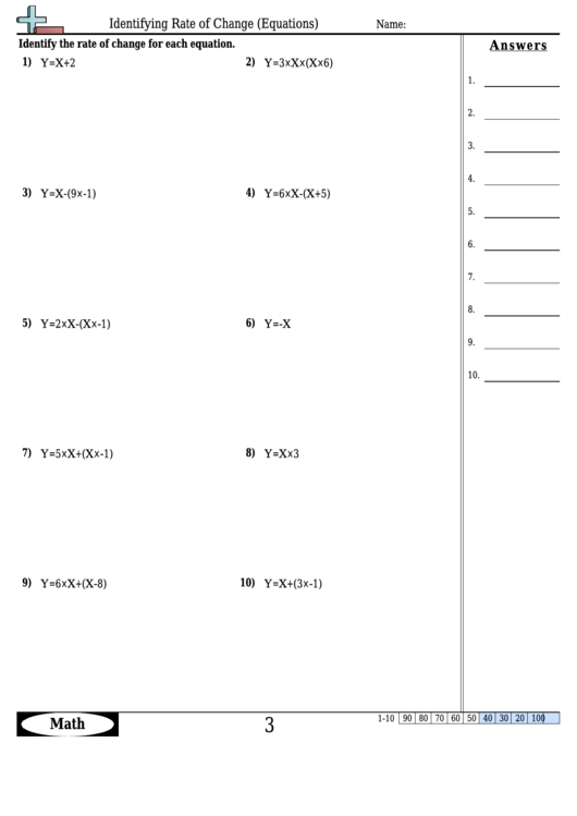 Identifying Rate Of Change (Equations) Worksheet Template With Answer Key Printable pdf