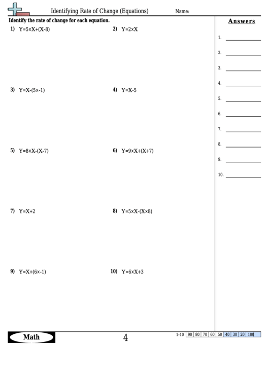 Identifying Rate Of Change (Equations) Worksheet Template With Answer Key Printable pdf