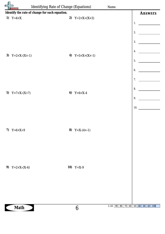 Identifying Rate Of Change (Equations) Worksheet Template With Answer Key Printable pdf