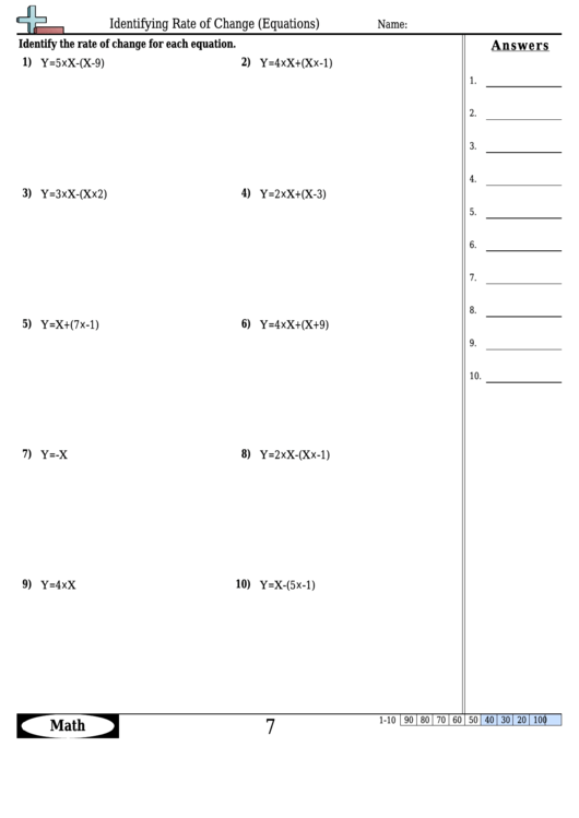 Identifying Rate Of Change (Equations) Worksheet Template With Answer Key Printable pdf