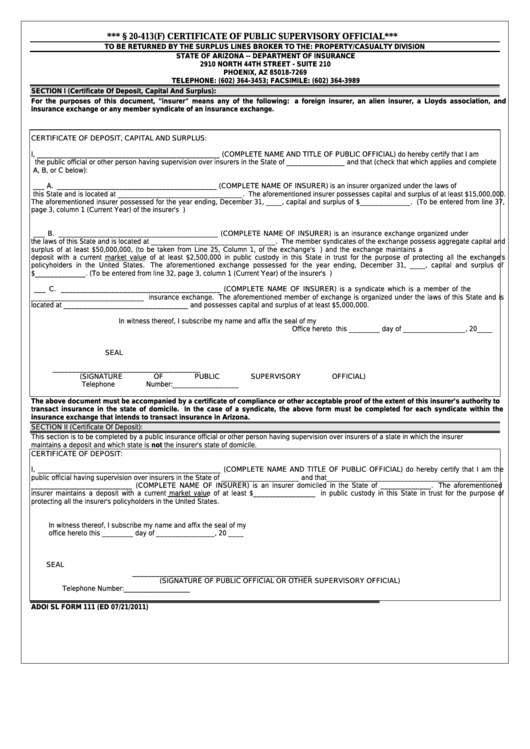 Fillable Form Sl-111 Certificate Of Public Supervisory Official Printable pdf