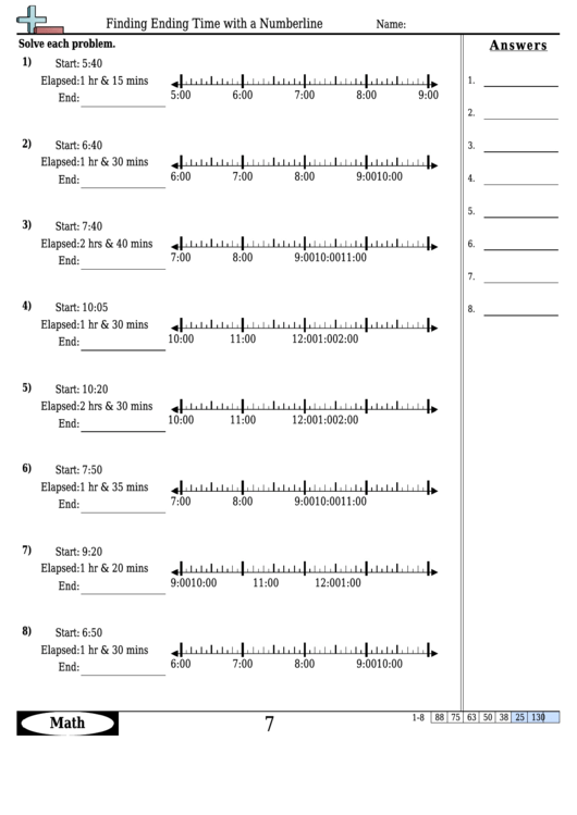 Finding Ending Time With A Numberline Worksheet Template With Answer Key Printable pdf