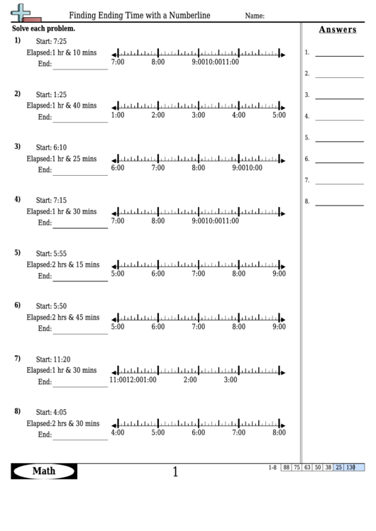 Finding Ending Time With A Numberline Worksheet Template With Answer Key Printable pdf