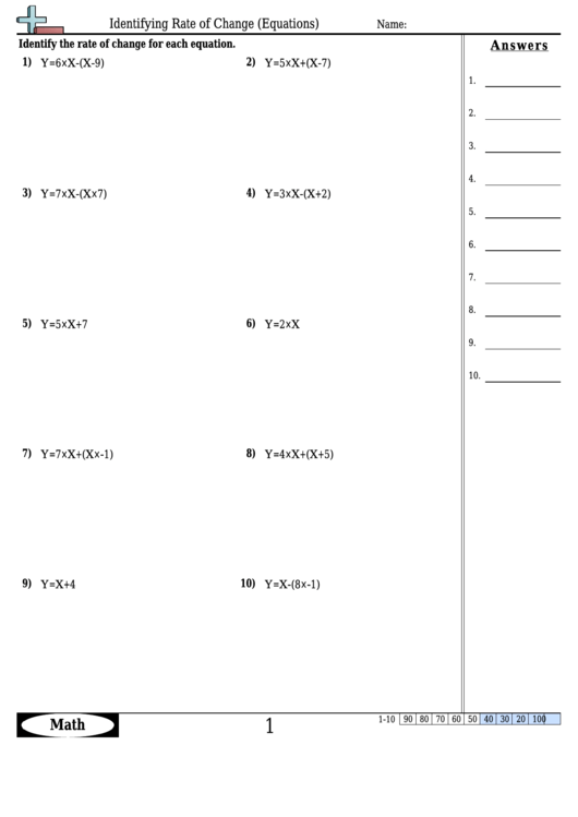 Identifying Rate Of Change (Equations) Worksheet Template With Answer Key Printable pdf