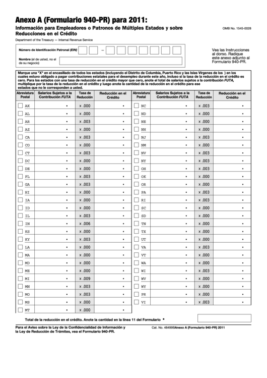 Fillable Anexo A (Formulario 940-Pr) - Informacion Para Empleadores O Patronos De Multiples Estados Y Sobre Reducciones En El Credito - 2011 Printable pdf