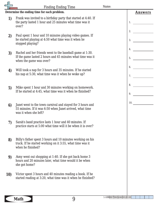 Finding Ending Time Worksheet Template With Answer Key Printable pdf
