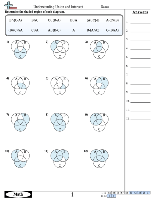 Understanding Union And Intersect Worksheet Template With Answer Key ...