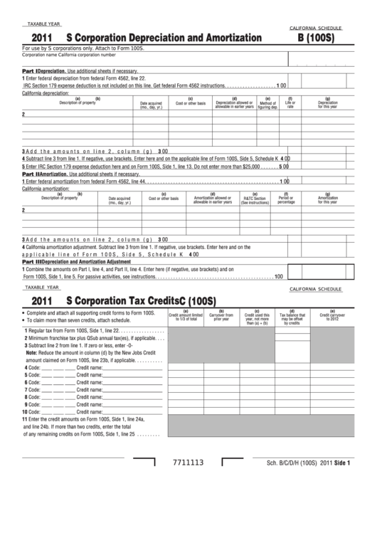 Fillable California Schedule B (Form 100s) - S Corporation Depreciation And Amortization - 2011 Printable pdf