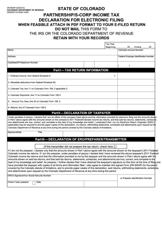 Form Dr 8453p - Partnership/s-Corp Income Tax Declaration For Electronic Filing When Feasible Attach In Pdf Format To Your E-Filed Return Printable pdf