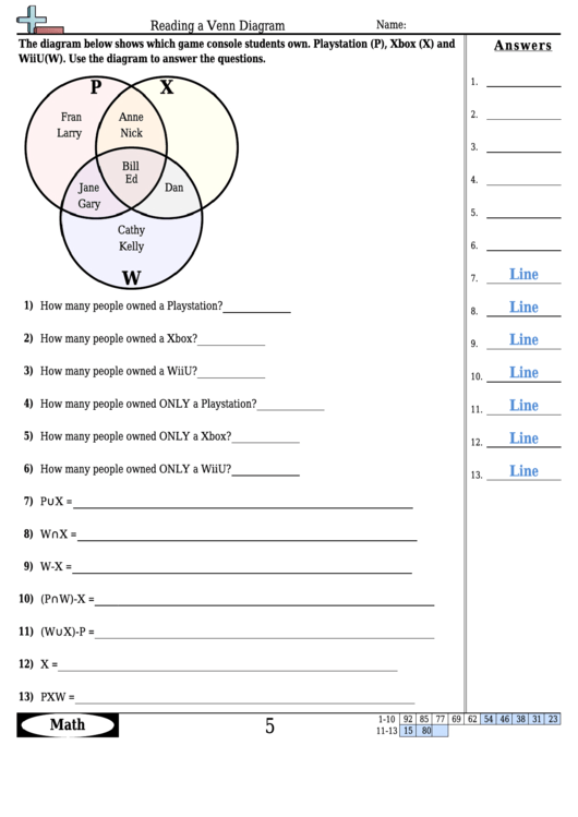 Reading A Venn Diagram Worksheet Template With Answer Key Printable pdf