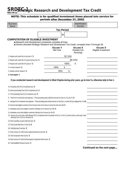 Form Srdtc-1 - Strategic Research And Development Tax Credit Printable pdf