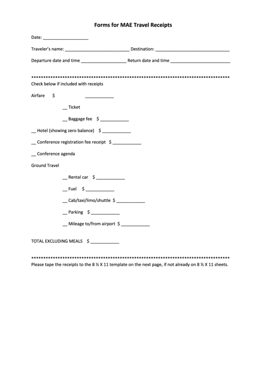 Travel Receipts Form Printable pdf