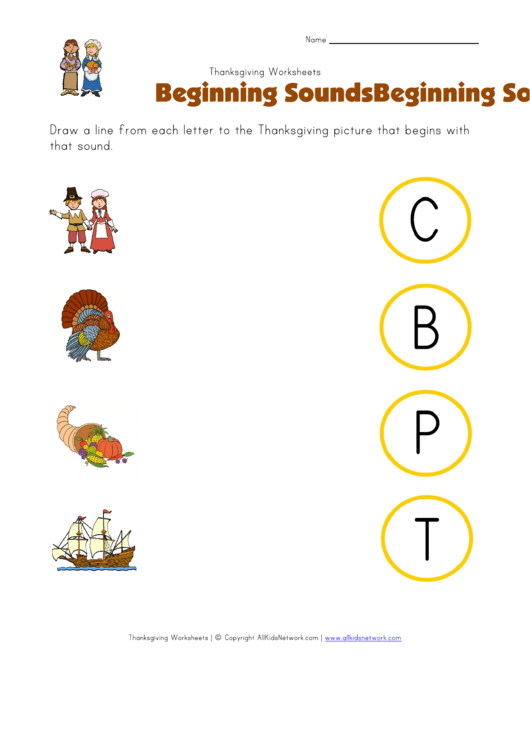 Beginning Sounds Thanksgiving Worksheet Printable pdf