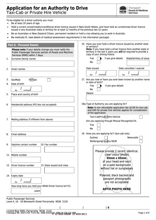 Fillable Application For An Authority To Drive - Taxi-Cab Or Private Hire Vehicle Printable pdf