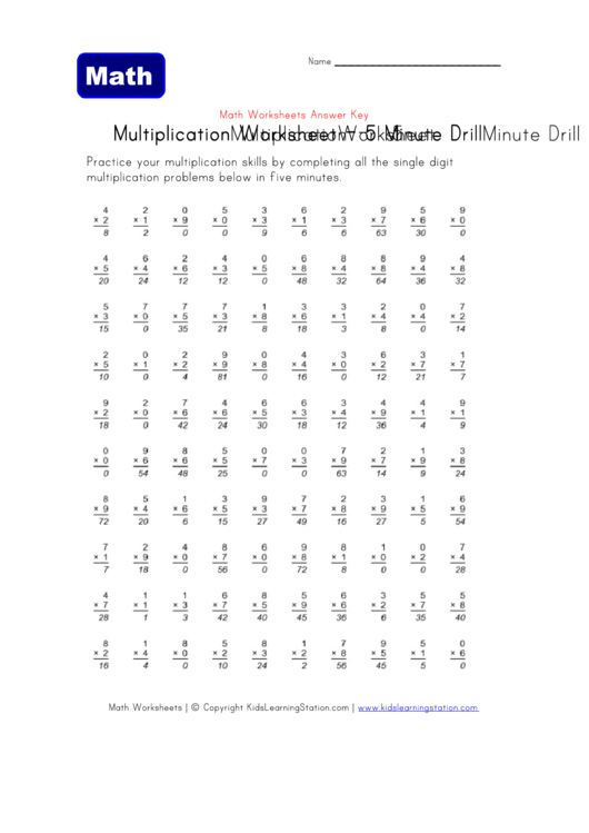 5 Minute Drill Multiplication Answer Sheet Printable pdf