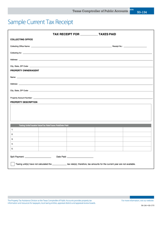 Form 50-134 - Sample Current Tax Receipt printable pdf download