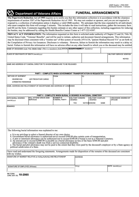Fillable Va Form 10-2065 - Funeral Arrangements Printable pdf