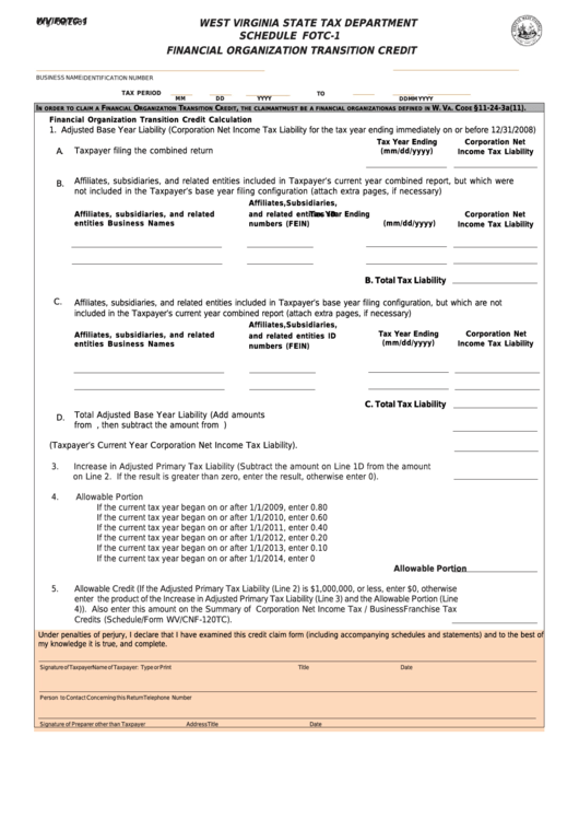Form Wv/fotc-1 - Schedule Fotc-1 Financial Organization Transition Credit Printable pdf