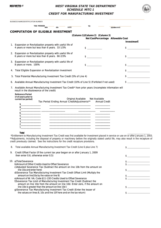 Form Wv/mitc-1 - Schedule Mitc-1 Credit For Manufacturing Investment Printable pdf