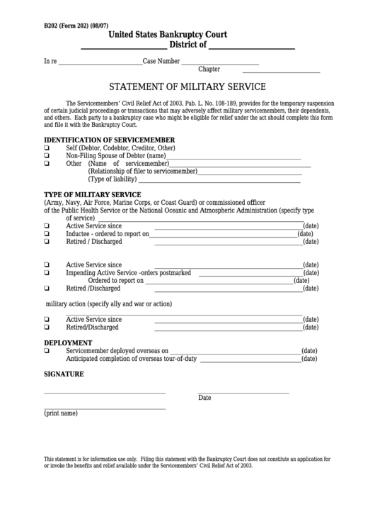 Form B202 - Statement Of Military Service - United States Bankruptcy Court Printable pdf