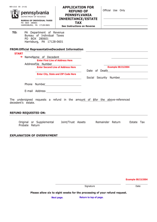 Fillable Form Rev-1313 Ex - Application For Refund Of Pennsylvania Inheritance/estate Tax Printable pdf