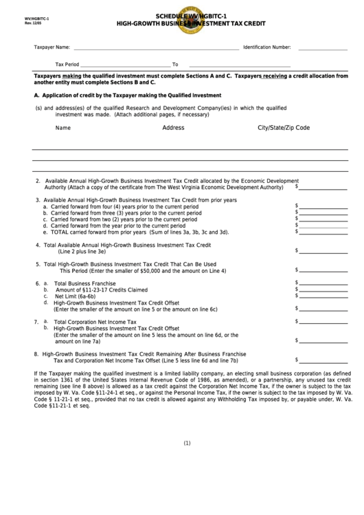 Form Wv/hgbitc-1 - Schedule Wv/hgbitc-1 High-Growth Business Investment Tax Credit Printable pdf