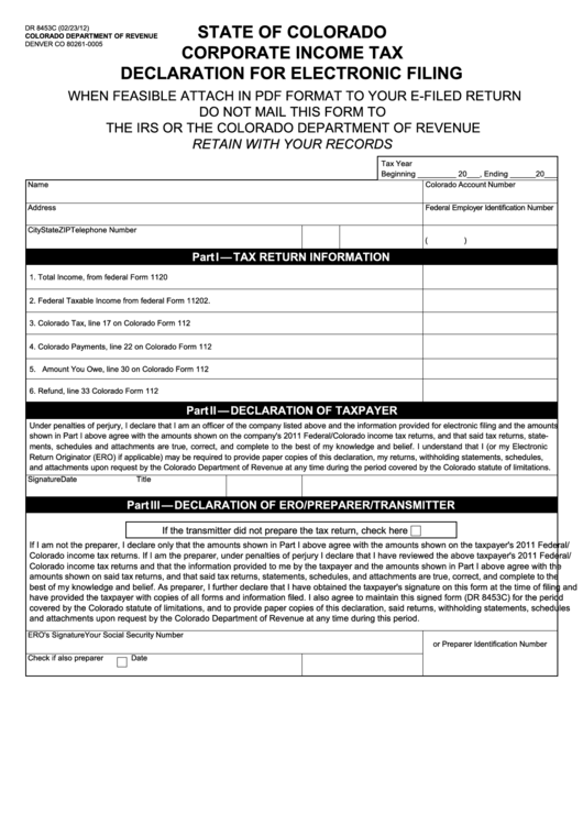 Form Dr 8453c - Corporate Income Tax Declaration For Electronic Filing Printable pdf