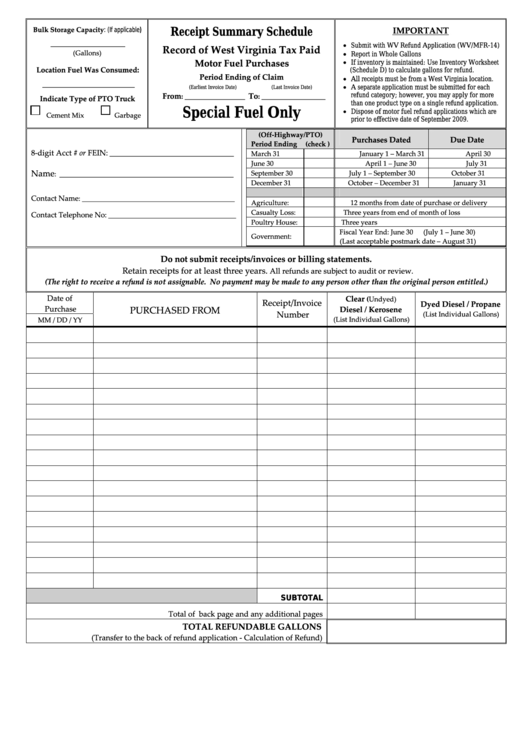Fillable Receipt Summary Schedule - Record Of West Virginia Tax Paidmotor Fuel Purchases Printable pdf