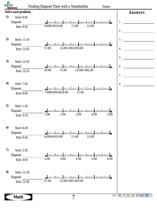Finding Elapsed Time With A Numberline Worksheet Template With Answer Key Printable pdf
