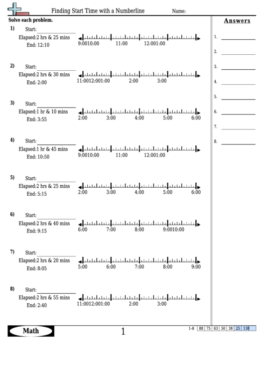 Finding Start Time With A Numberline Worksheet Template With Answer Key Printable pdf