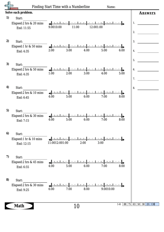 Finding Start Time With A Numberline Worksheet Template With Answer Key Printable pdf