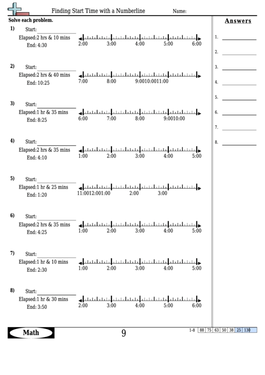 Finding Start Time With A Numberline Worksheet Template With Answer Key Printable pdf