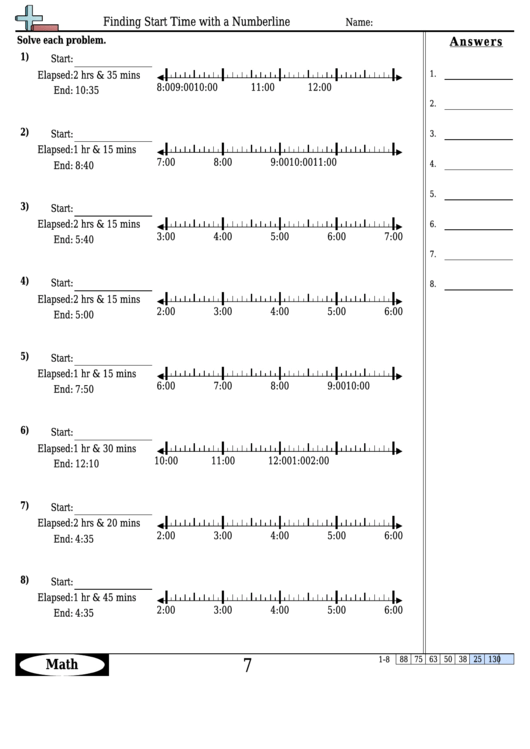 Finding Start Time With A Numberline Worksheet Template With Answer Key Printable pdf