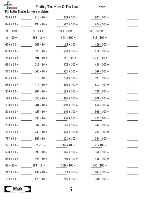 Finding Ten More & Ten Less Worksheet Template With Answer Key ...